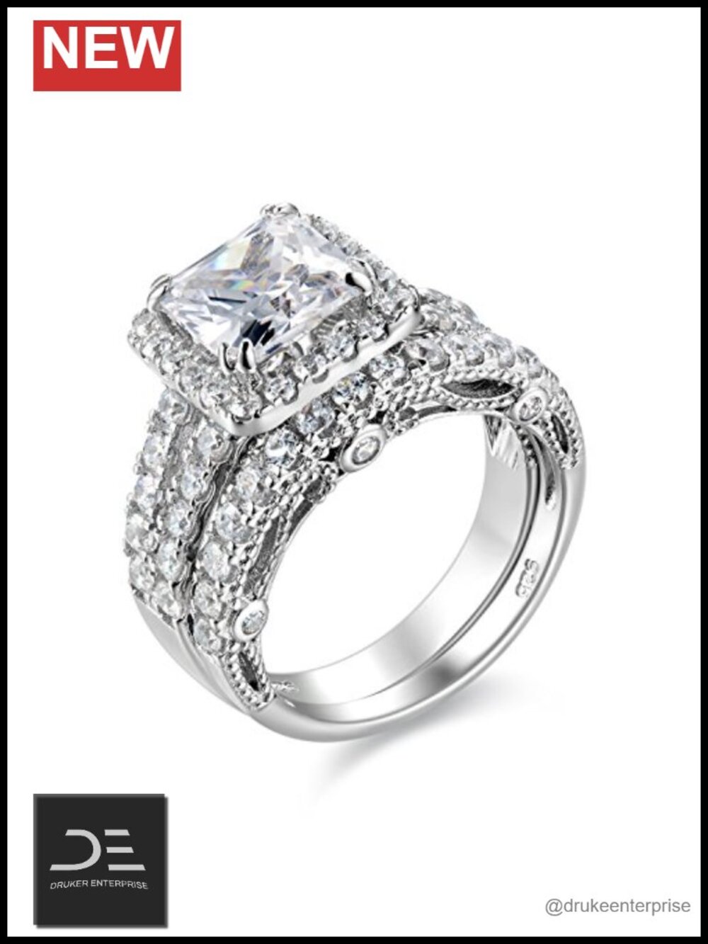 Sterling Silver 4CT Princess Cut CZ Bridal Ring Set Women